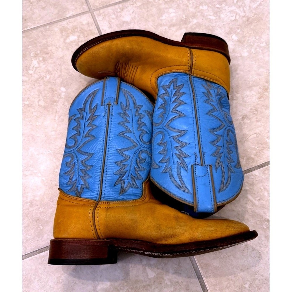 Laredo Womens Yellow and Blue Leather Western Cowboy Boots 6988 Size 7.5M